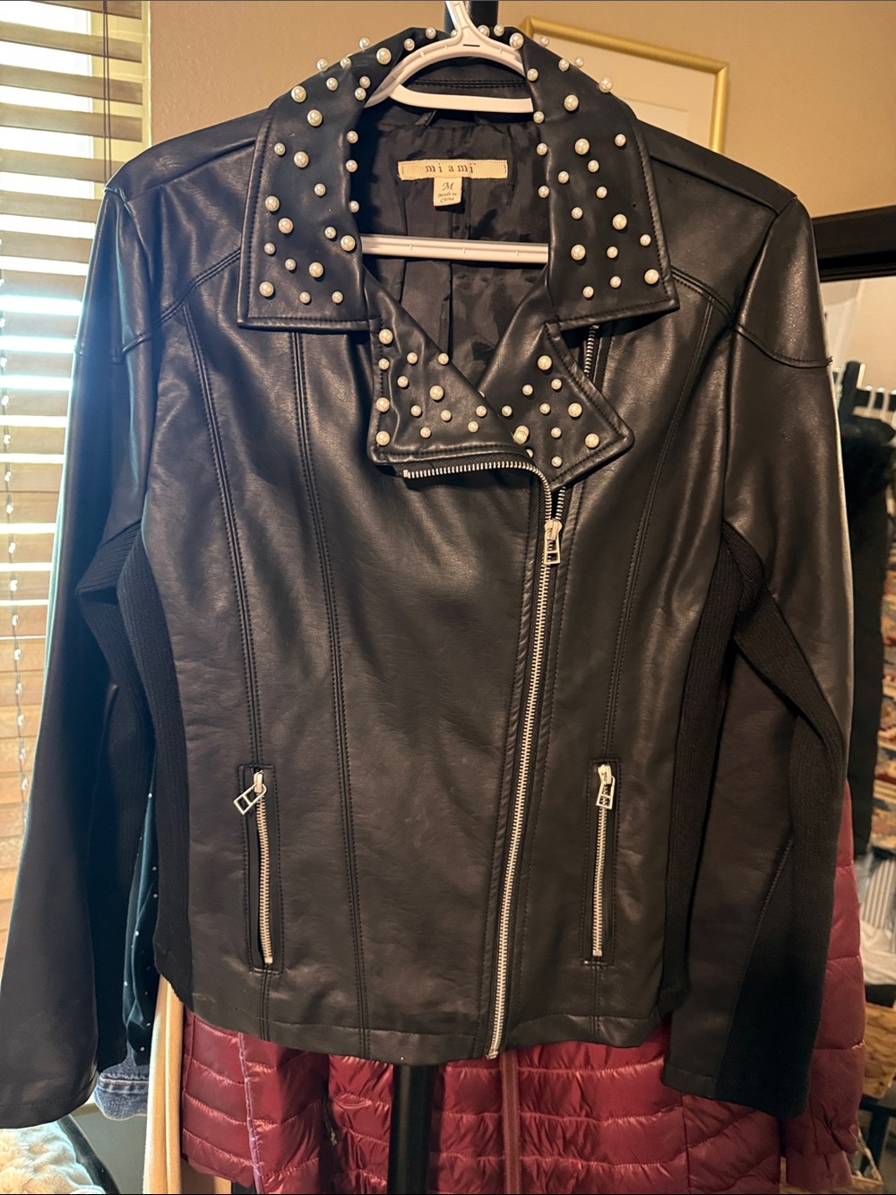 miami Black Studded Leather Moto Jacket with Zip Pockets